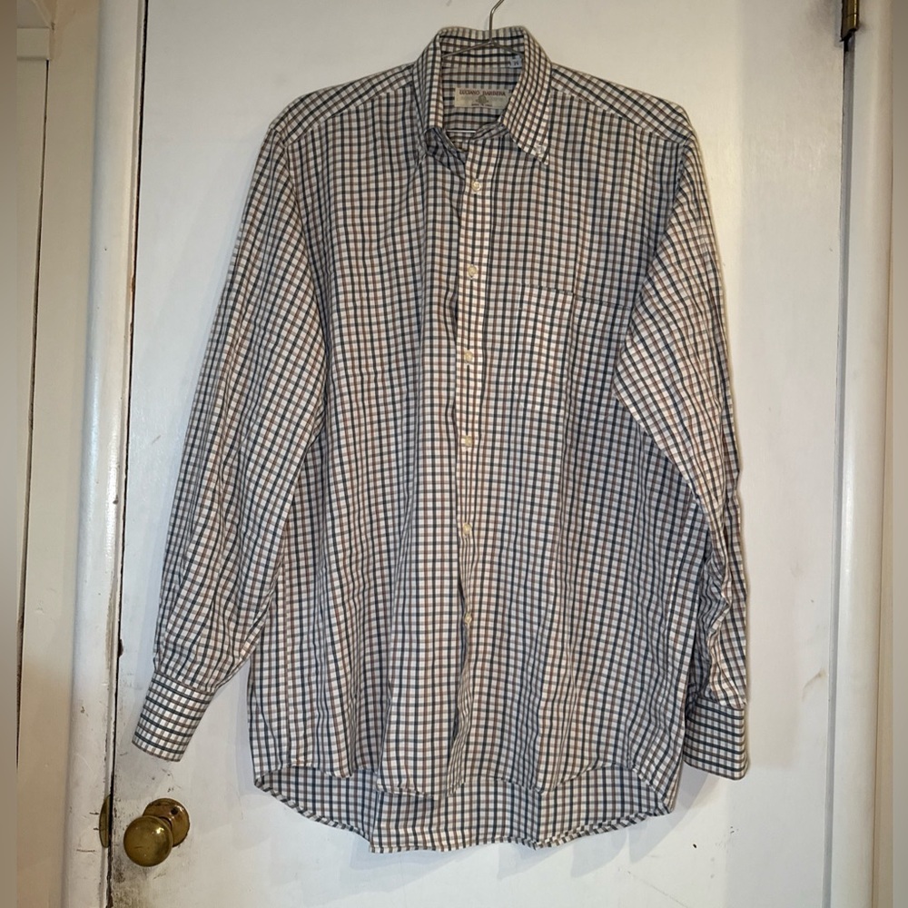 Luciano Barbera White Plaid Dress Shirt Cotton Made In Italy | Men's Med